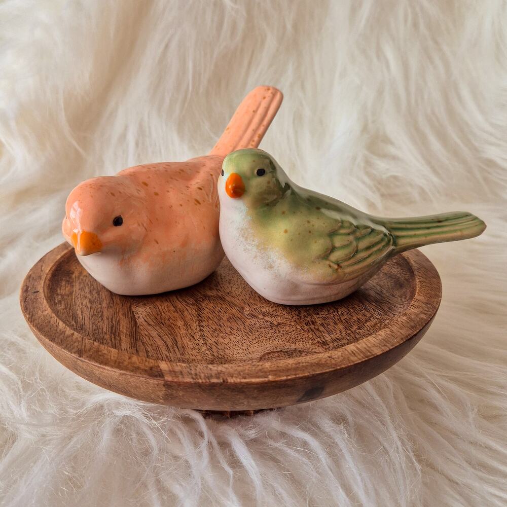 Ceramic Bird Figurine Pair Peach Green Glazed Pottery Cottagecore Decor